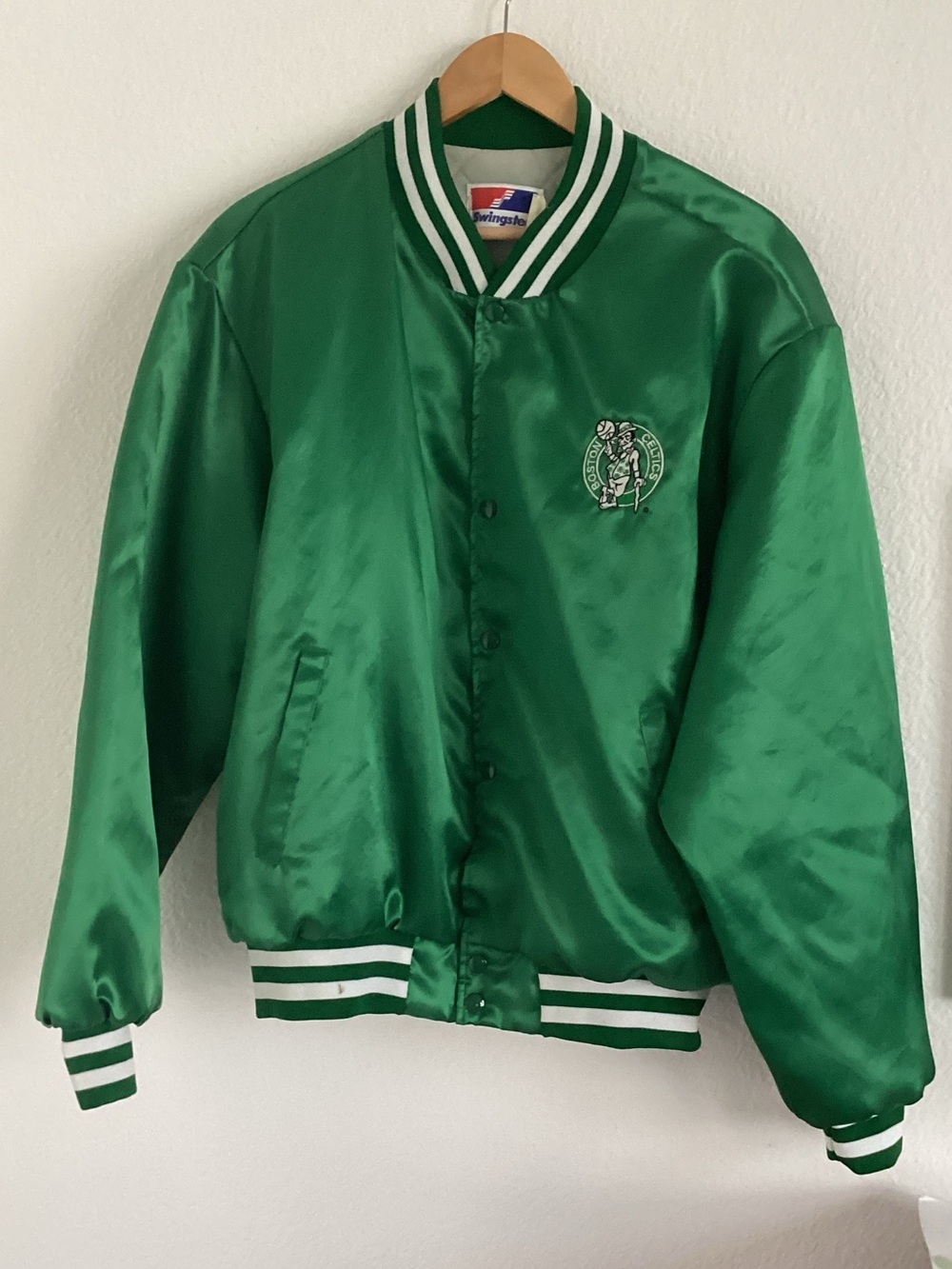 Celtics Swingster vintage Green Satin Bomber Jacket with logo